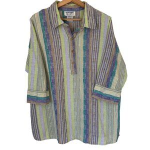 Vtg Mainstreet Blues Multicolor Vertical Stripe Lagenlook Popover Tunic